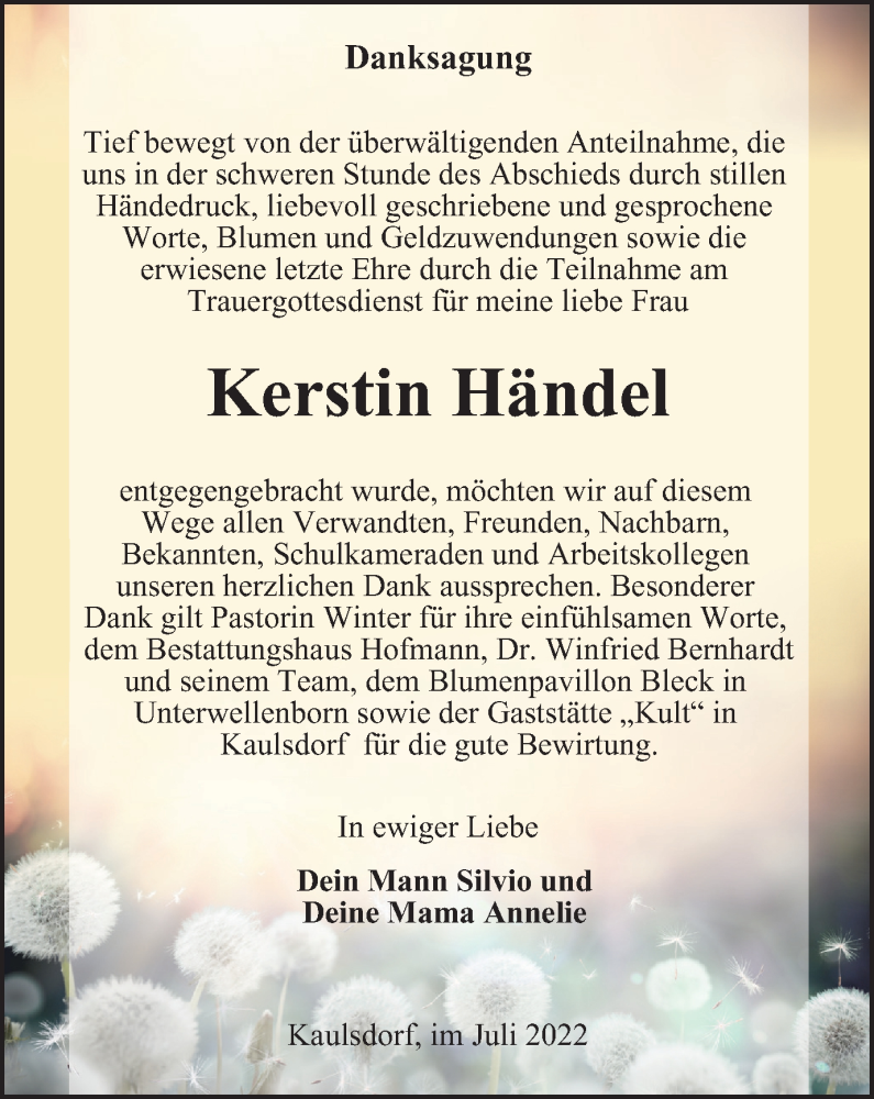  Traueranzeige für Kerstin Händel vom 23.07.2022 aus Ostthüringer Zeitung
