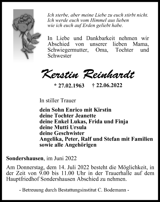 Traueranzeige von Kerstin Reinhardt