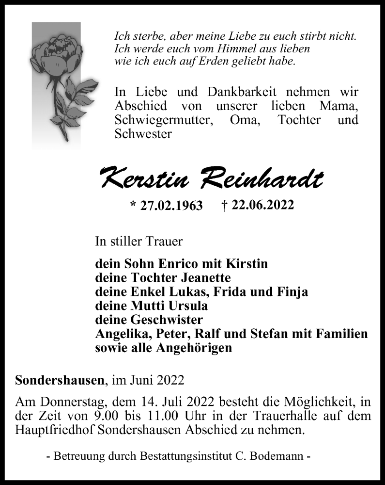  Traueranzeige für Kerstin Reinhardt vom 02.07.2022 aus Thüringer Allgemeine