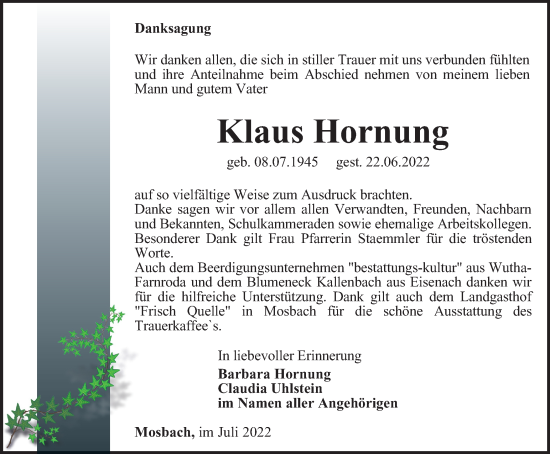 Traueranzeige von Klaus Hornung von Thüringer Allgemeine, Thüringische Landeszeitung