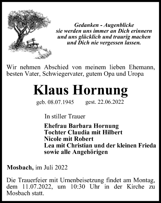 Traueranzeige von Klaus Hornung von Thüringer Allgemeine, Thüringische Landeszeitung