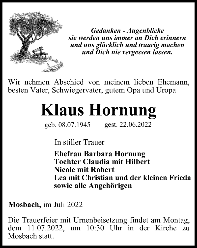  Traueranzeige für Klaus Hornung vom 02.07.2022 aus Thüringer Allgemeine, Thüringische Landeszeitung
