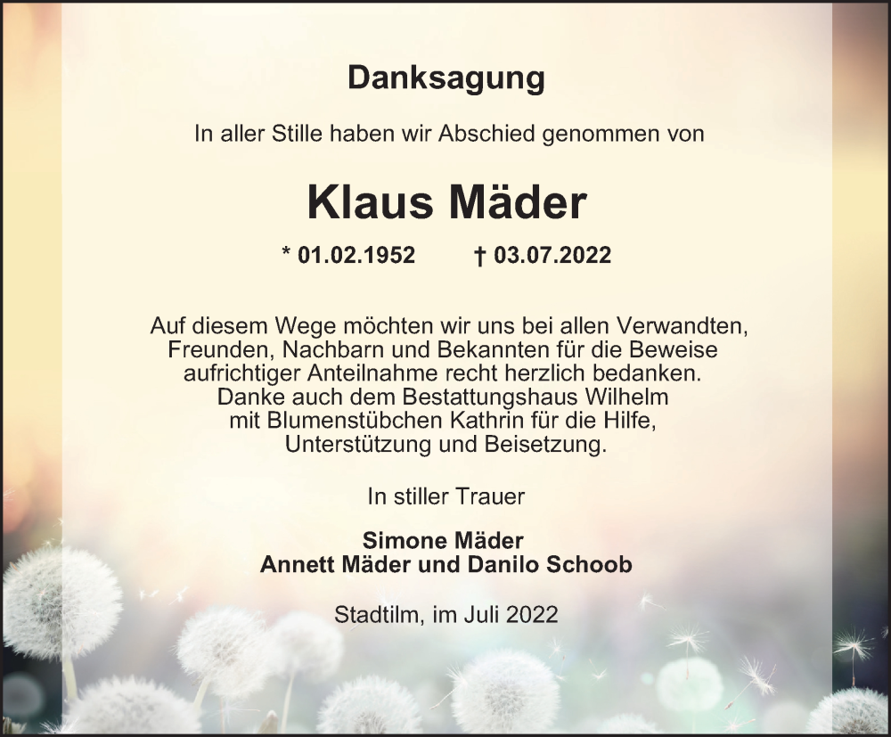  Traueranzeige für Klaus Mäder vom 23.07.2022 aus Thüringer Allgemeine