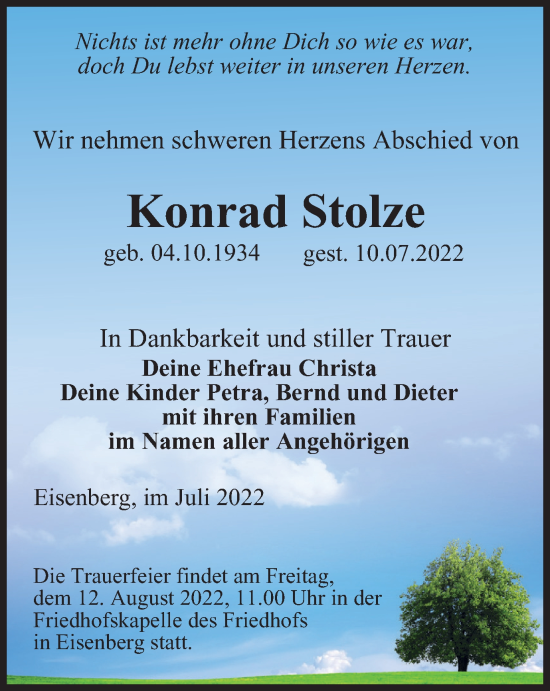 Traueranzeige von Konrad Stolze von Ostthüringer Zeitung