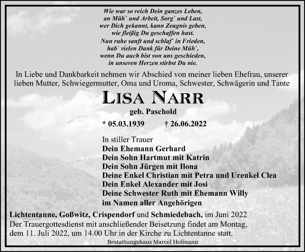  Traueranzeige für Lisa Narr vom 02.07.2022 aus Ostthüringer Zeitung