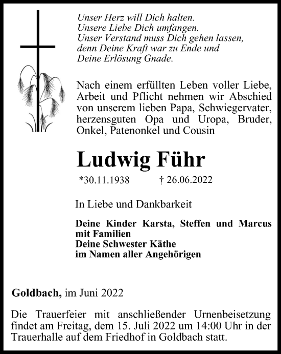 Traueranzeige von Ludwig Führ von Thüringer Allgemeine, Thüringische Landeszeitung