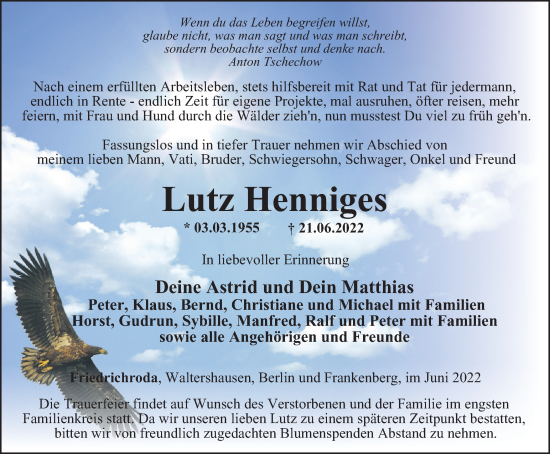 Traueranzeige von Lutz Henniges von Thüringer Allgemeine, Thüringische Landeszeitung