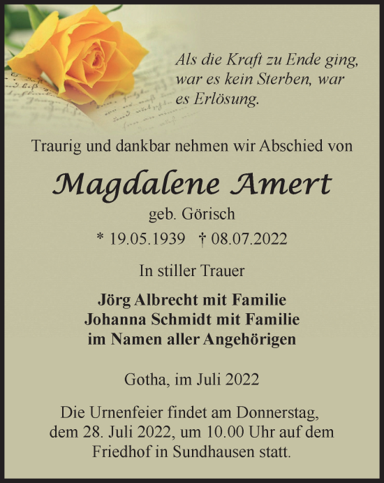 Traueranzeige von Magdalene Amert von Thüringer Allgemeine, Thüringische Landeszeitung