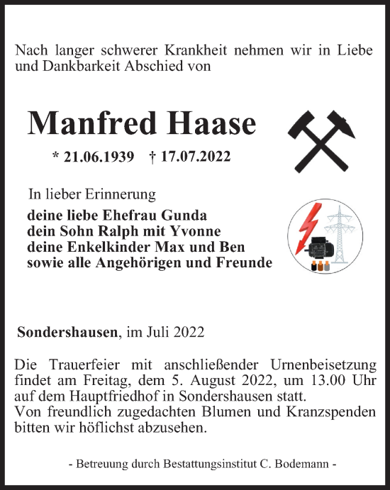 Traueranzeige von Manfred Haase