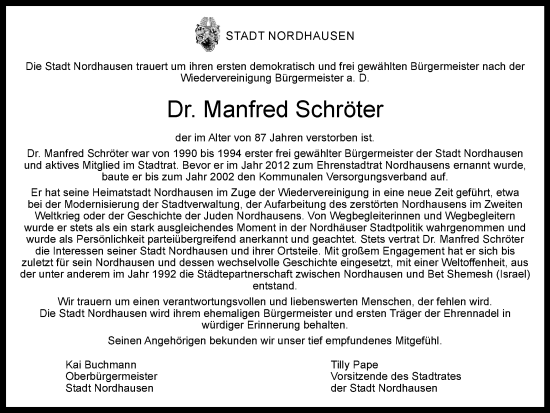 Traueranzeige von Manfred Schröter von Thüringer Allgemeine