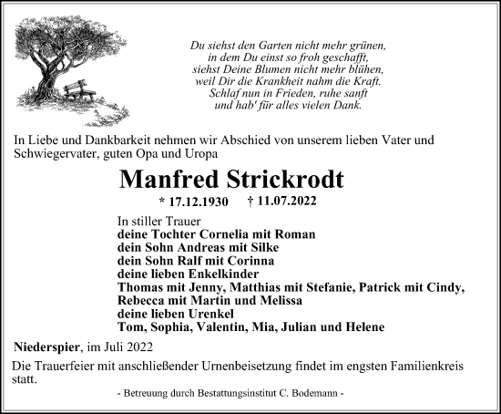 Traueranzeige von Manfred Strickrodt