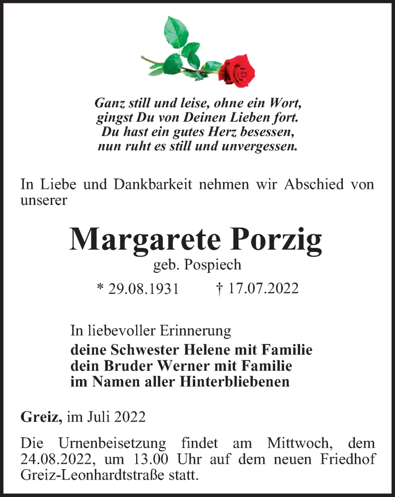  Traueranzeige für Margarete Porzig vom 29.07.2022 aus Ostthüringer Zeitung