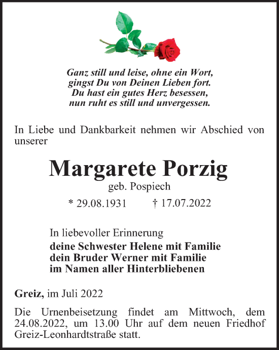 Traueranzeige von Margarete Porzig von Ostthüringer Zeitung
