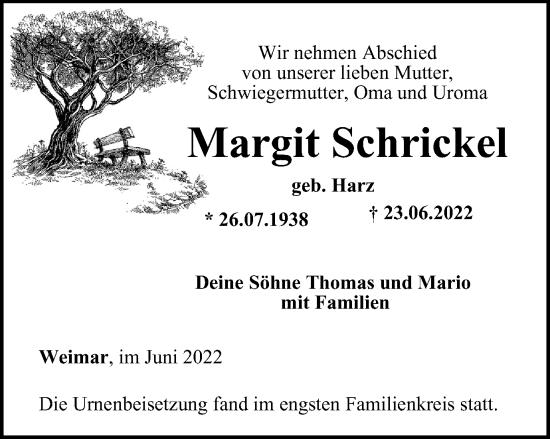 Traueranzeige von Margit Schrickel von Thüringer Allgemeine, Thüringische Landeszeitung