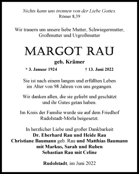 Traueranzeige von Margot Rau von Ostthüringer Zeitung