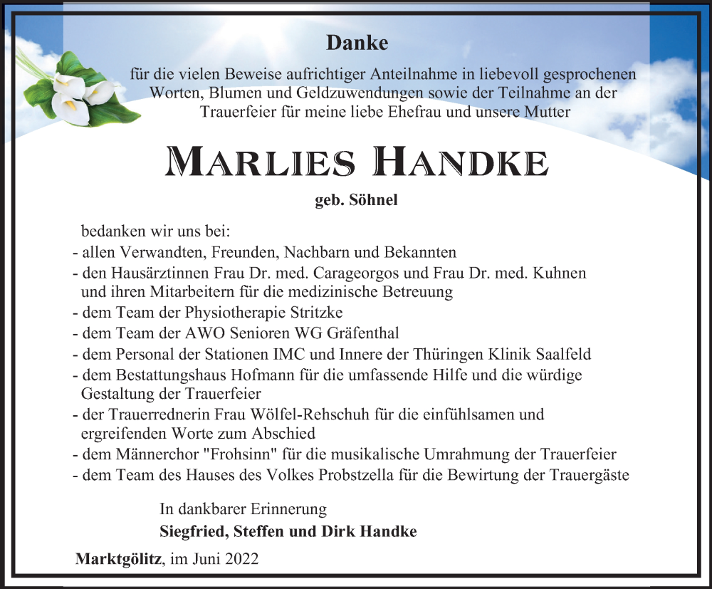  Traueranzeige für Marlies Handke vom 02.07.2022 aus Ostthüringer Zeitung