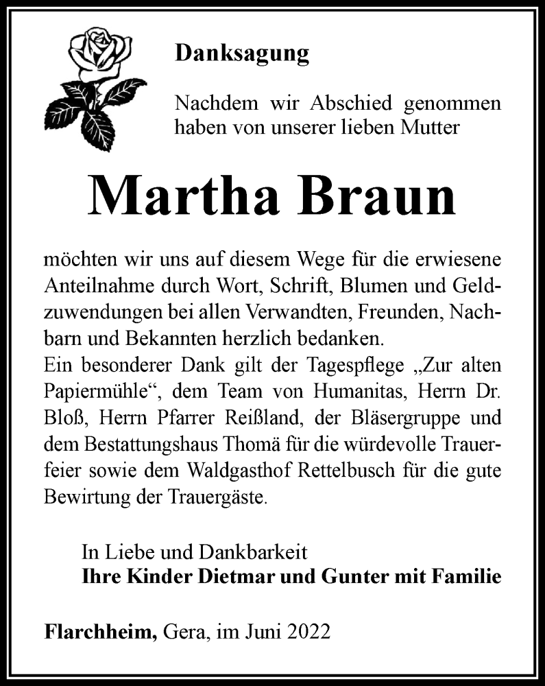  Traueranzeige für Martha Braun vom 23.07.2022 aus Thüringer Allgemeine, Thüringische Landeszeitung