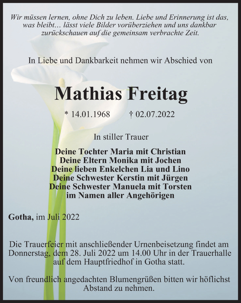  Traueranzeige für Mathias Freitag vom 23.07.2022 aus Thüringer Allgemeine, Thüringische Landeszeitung