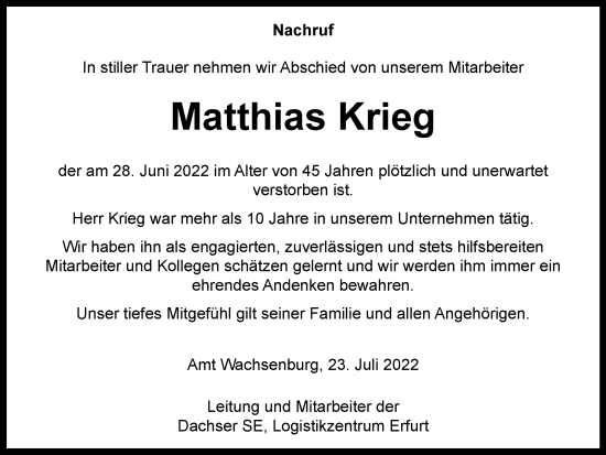 Traueranzeige von Matthias Krieg von Ostthüringer Zeitung