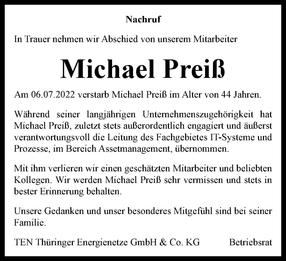  Traueranzeige für Michael Preiß vom 23.07.2022 aus Thüringer Allgemeine