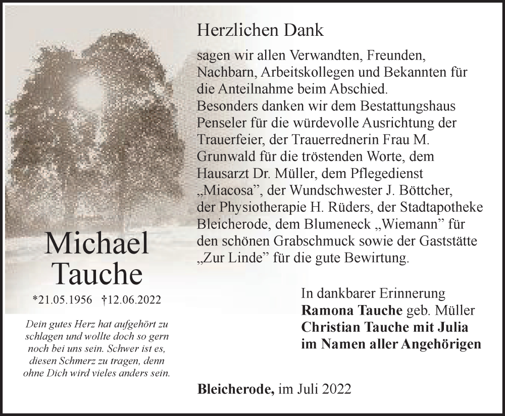  Traueranzeige für Michael Tauche vom 09.07.2022 aus Thüringer Allgemeine