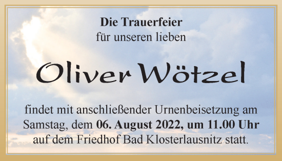 Traueranzeige von Oliver Wötzel von Ostthüringer Zeitung