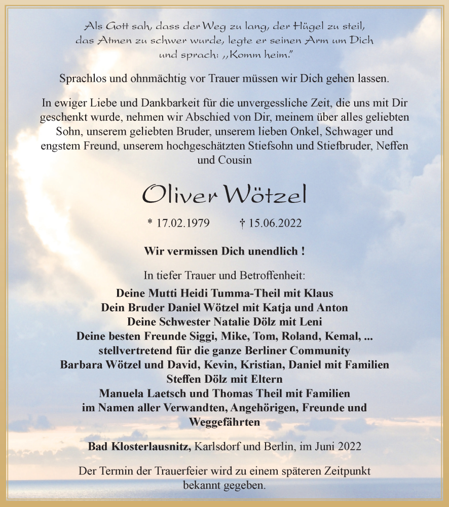  Traueranzeige für Oliver Wötzel vom 02.07.2022 aus Ostthüringer Zeitung