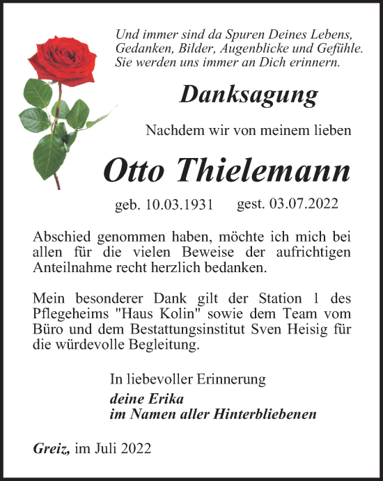 Traueranzeige von Otto Thielemann von Ostthüringer Zeitung