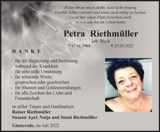 Traueranzeige von Petra Riethmüller von Thüringer Allgemeine