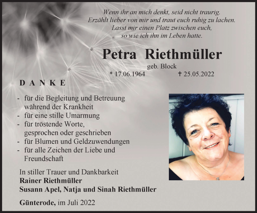  Traueranzeige für Petra Riethmüller vom 09.07.2022 aus Thüringer Allgemeine
