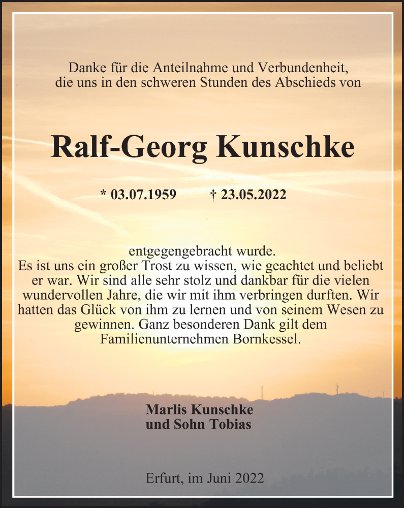  Traueranzeige für Ralf-Georg Kunschke vom 02.07.2022 aus Thüringer Allgemeine, Thüringische Landeszeitung