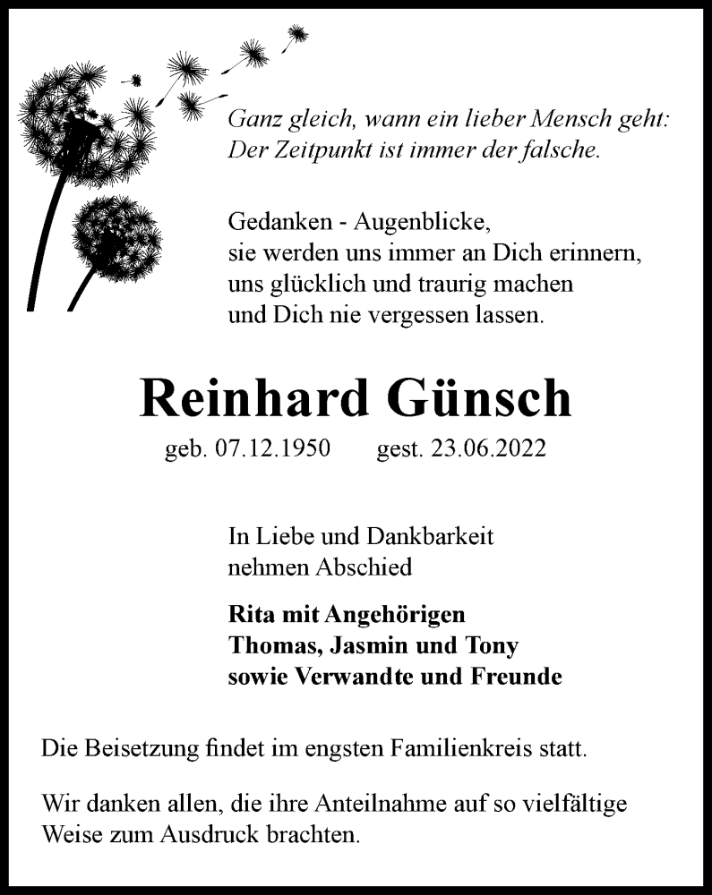  Traueranzeige für Reinhard Günsch vom 23.07.2022 aus Thüringer Allgemeine