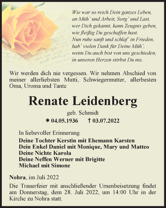 Traueranzeige von Renate Leidenberg von Thüringer Allgemeine, Thüringische Landeszeitung