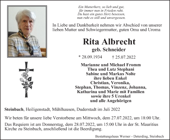 Traueranzeige von Rita Albrecht von Thüringer Allgemeine