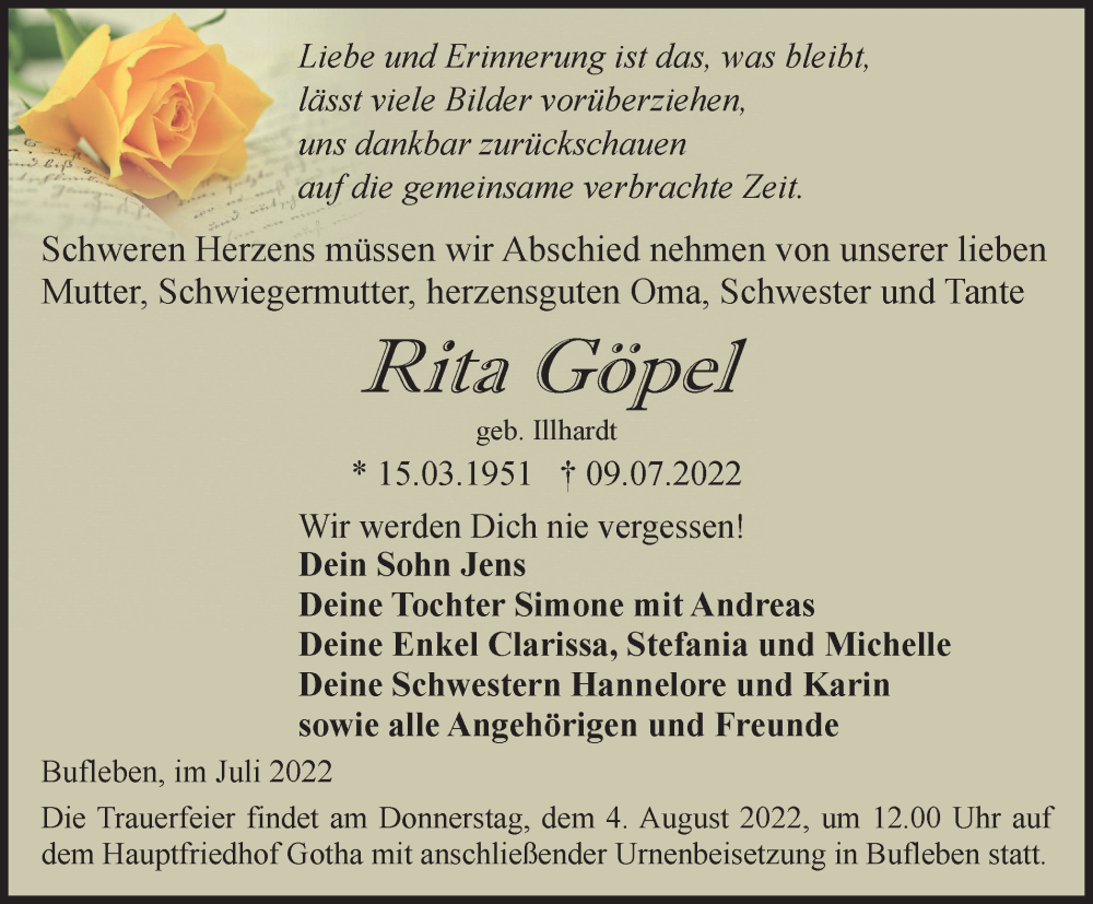  Traueranzeige für Rita Göpel vom 23.07.2022 aus Thüringer Allgemeine, Thüringische Landeszeitung
