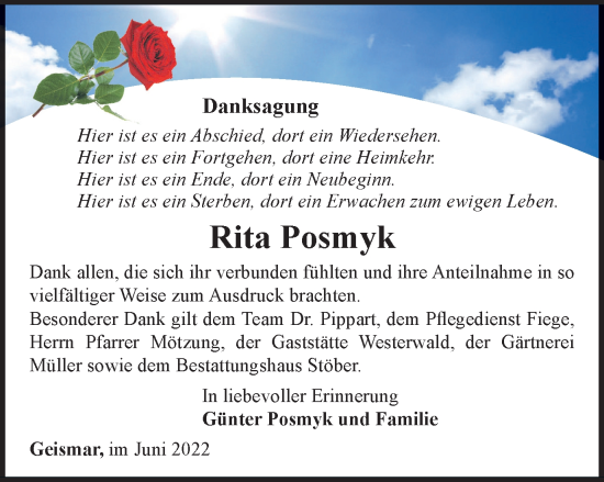 Traueranzeige von Rita Posmyk von Thüringer Allgemeine