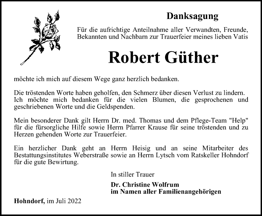  Traueranzeige für Robert Güther vom 15.07.2022 aus Ostthüringer Zeitung