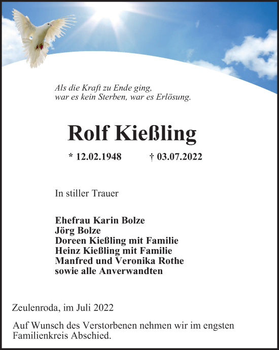 Traueranzeige von Rolf Kießling von Ostthüringer Zeitung