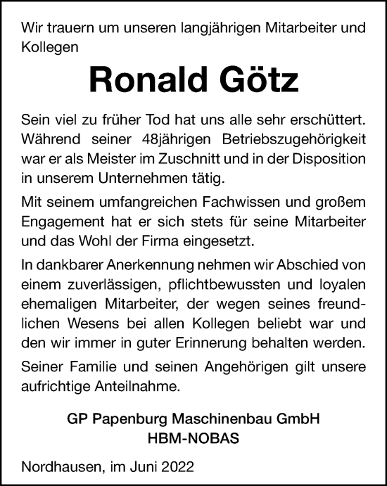 Traueranzeige von Ronald Götz von Thüringer Allgemeine