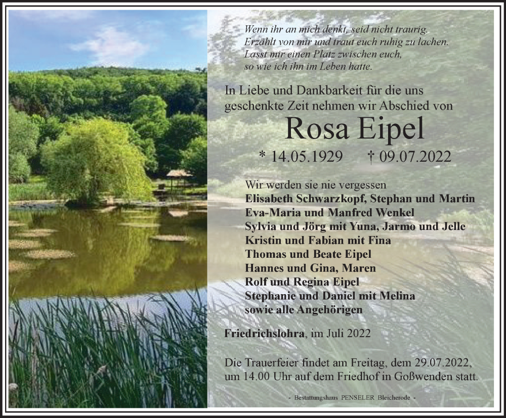  Traueranzeige für Rosa Eipel vom 23.07.2022 aus Thüringer Allgemeine