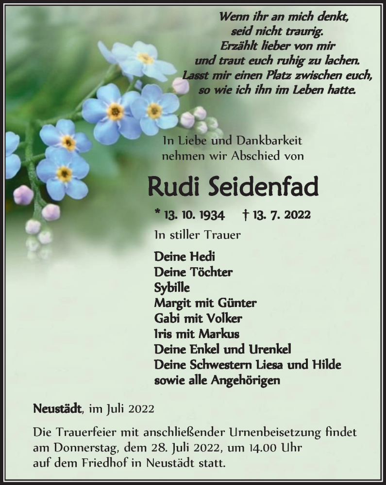  Traueranzeige für Rudi Seidenfad vom 23.07.2022 aus Thüringer Allgemeine, Thüringische Landeszeitung