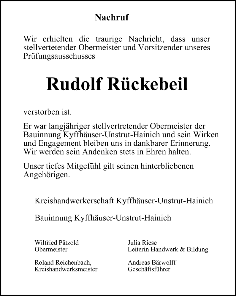  Traueranzeige für Rudolf Rückebeil vom 29.07.2022 aus Thüringer Allgemeine