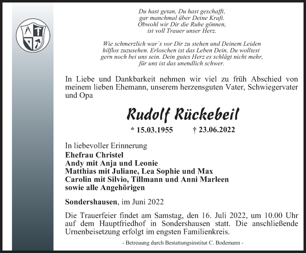  Traueranzeige für Rudolf Rückebeil vom 09.07.2022 aus Thüringer Allgemeine