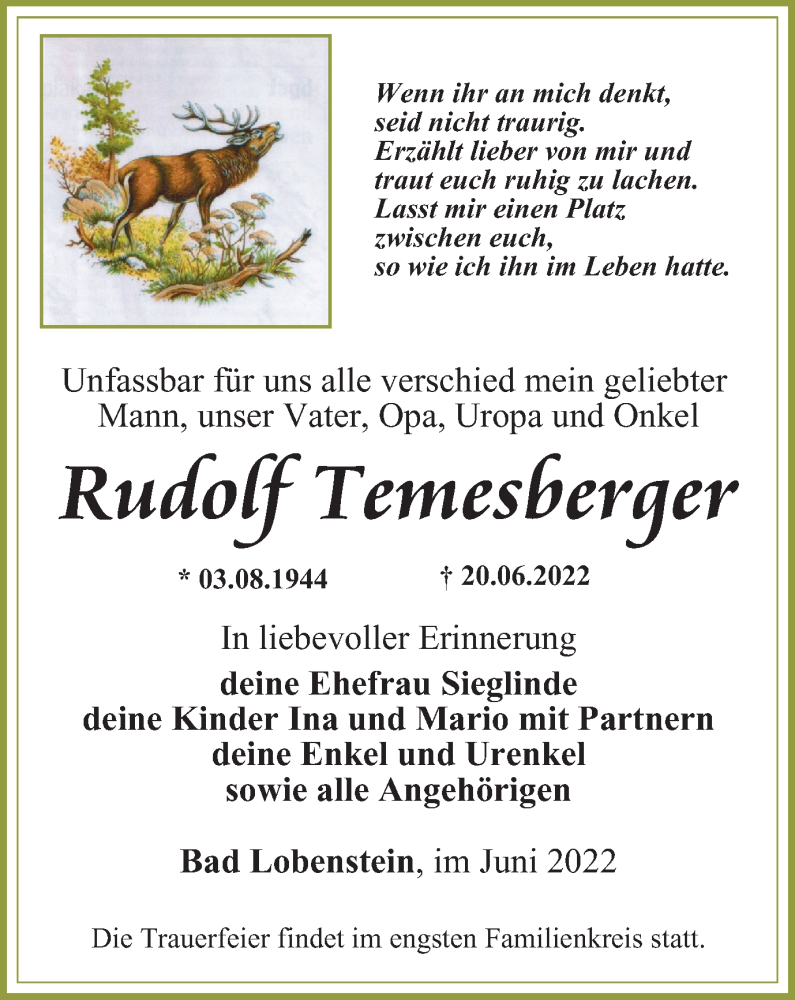  Traueranzeige für Rudolf Temesberger vom 02.07.2022 aus Ostthüringer Zeitung