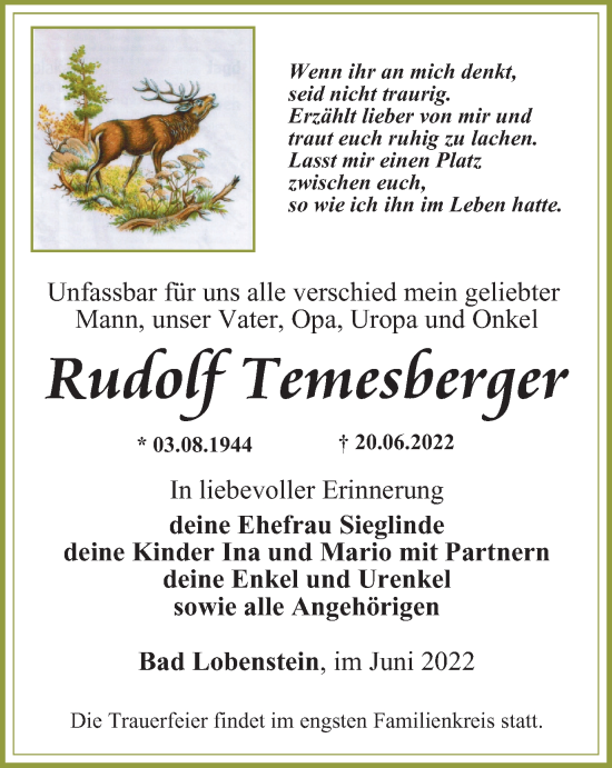 Traueranzeige von Rudolf Temesberger von Ostthüringer Zeitung