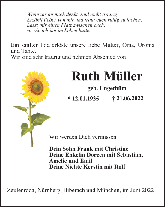 Traueranzeige von Ruth Müller von Ostthüringer Zeitung