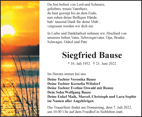 Traueranzeige von Siegfried Bause von Thüringer Allgemeine, Thüringische Landeszeitung