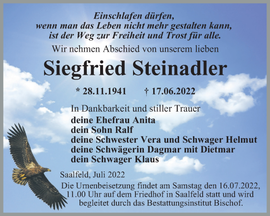 Traueranzeige von Siegfried Steinadler von Ostthüringer Zeitung