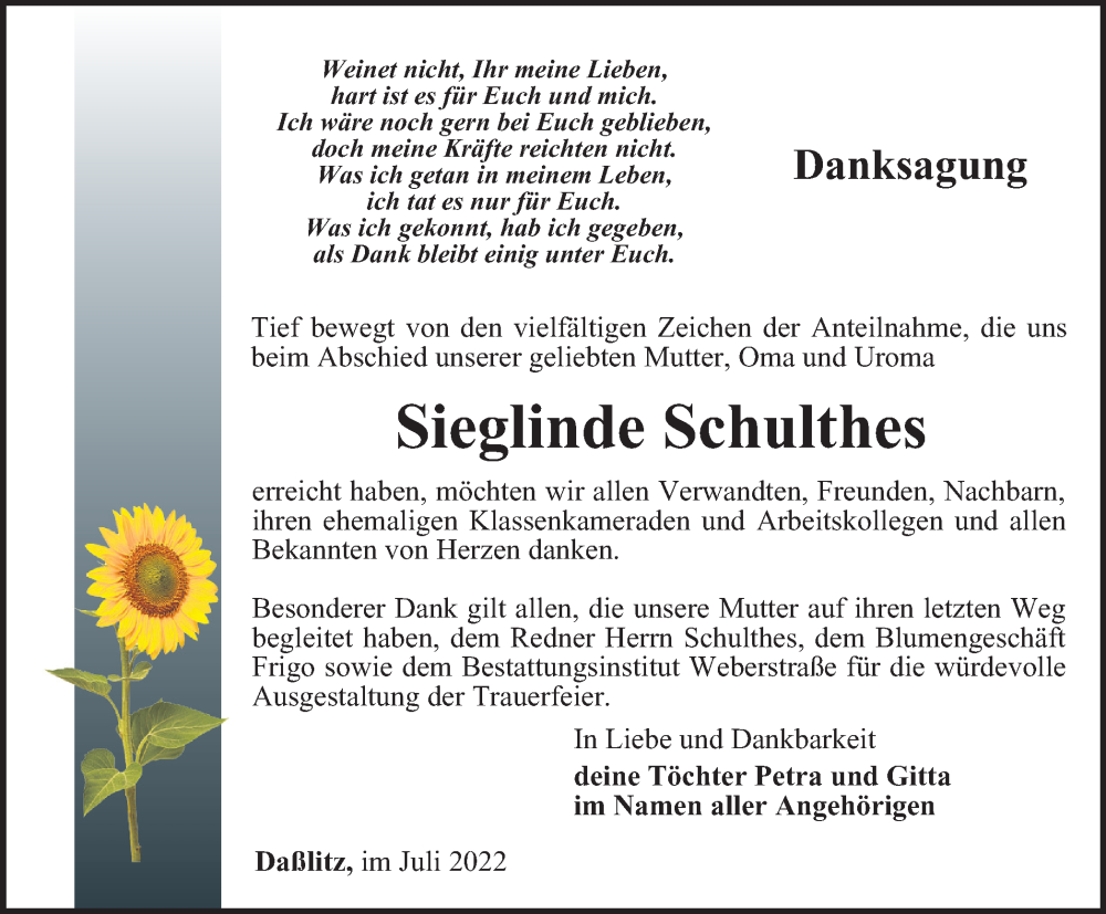  Traueranzeige für Sieglinde Schulthes vom 22.07.2022 aus Ostthüringer Zeitung