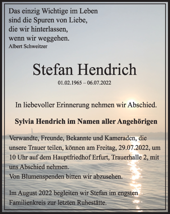 Traueranzeige von Stefan Hendrich von Thüringer Allgemeine, Thüringische Landeszeitung